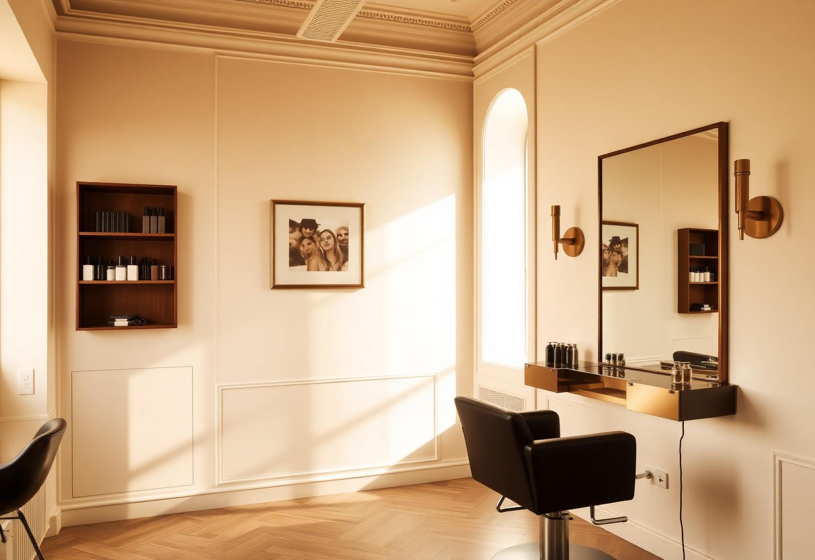 Interno del salone Long Equipe, atelier minimal con luce calda